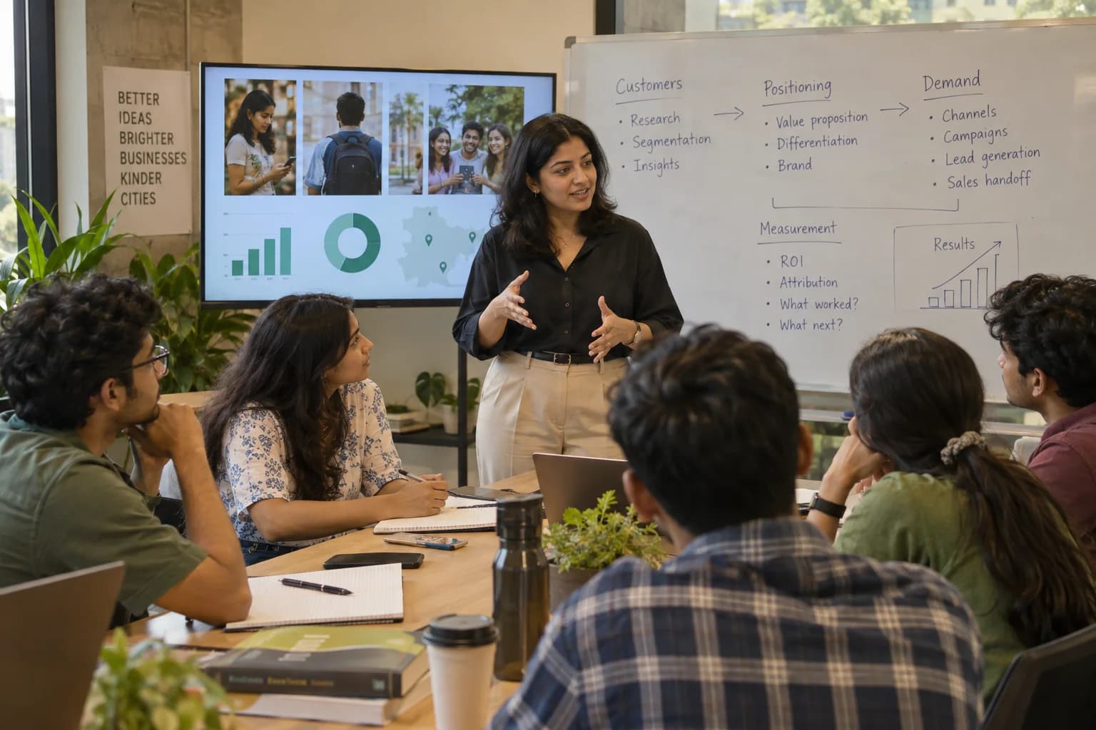 A marketing manager discusses audiences, campaigns and results with business students