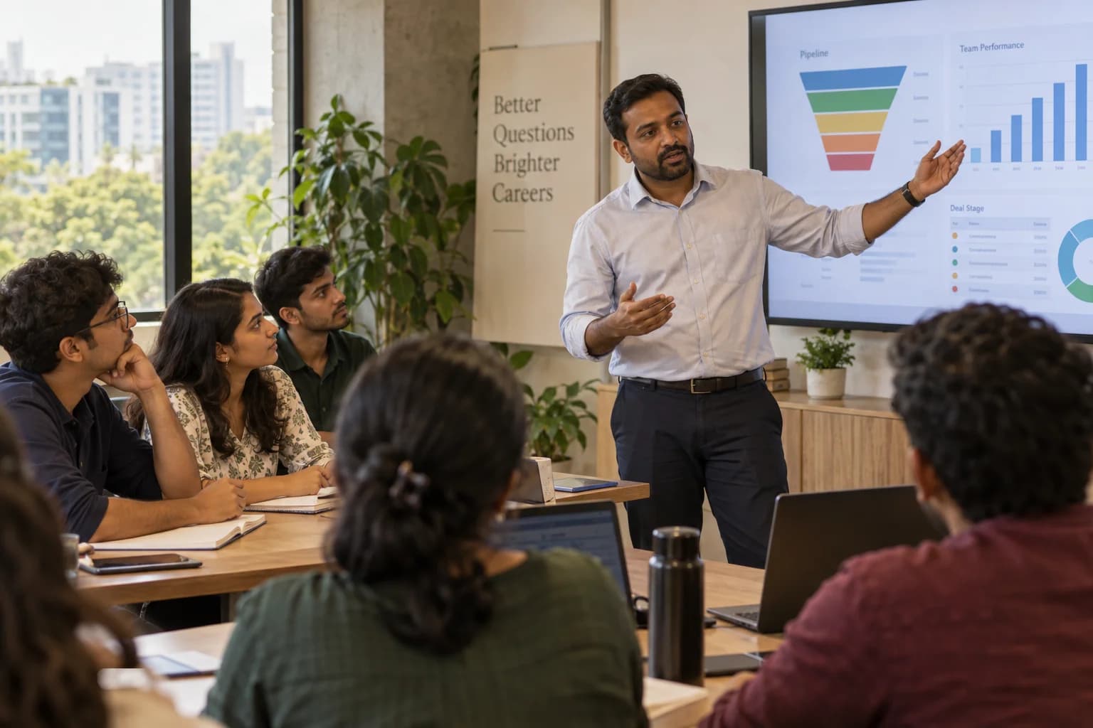 A sales manager explains a customer pipeline and team performance to business students