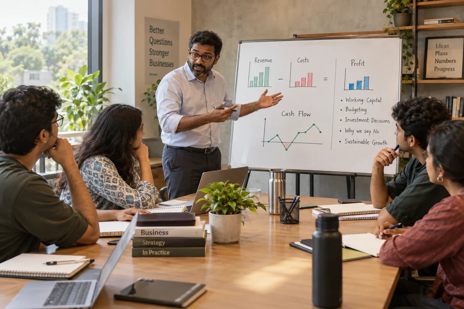 A finance practitioner explains revenue, costs, profit and cash flow to students