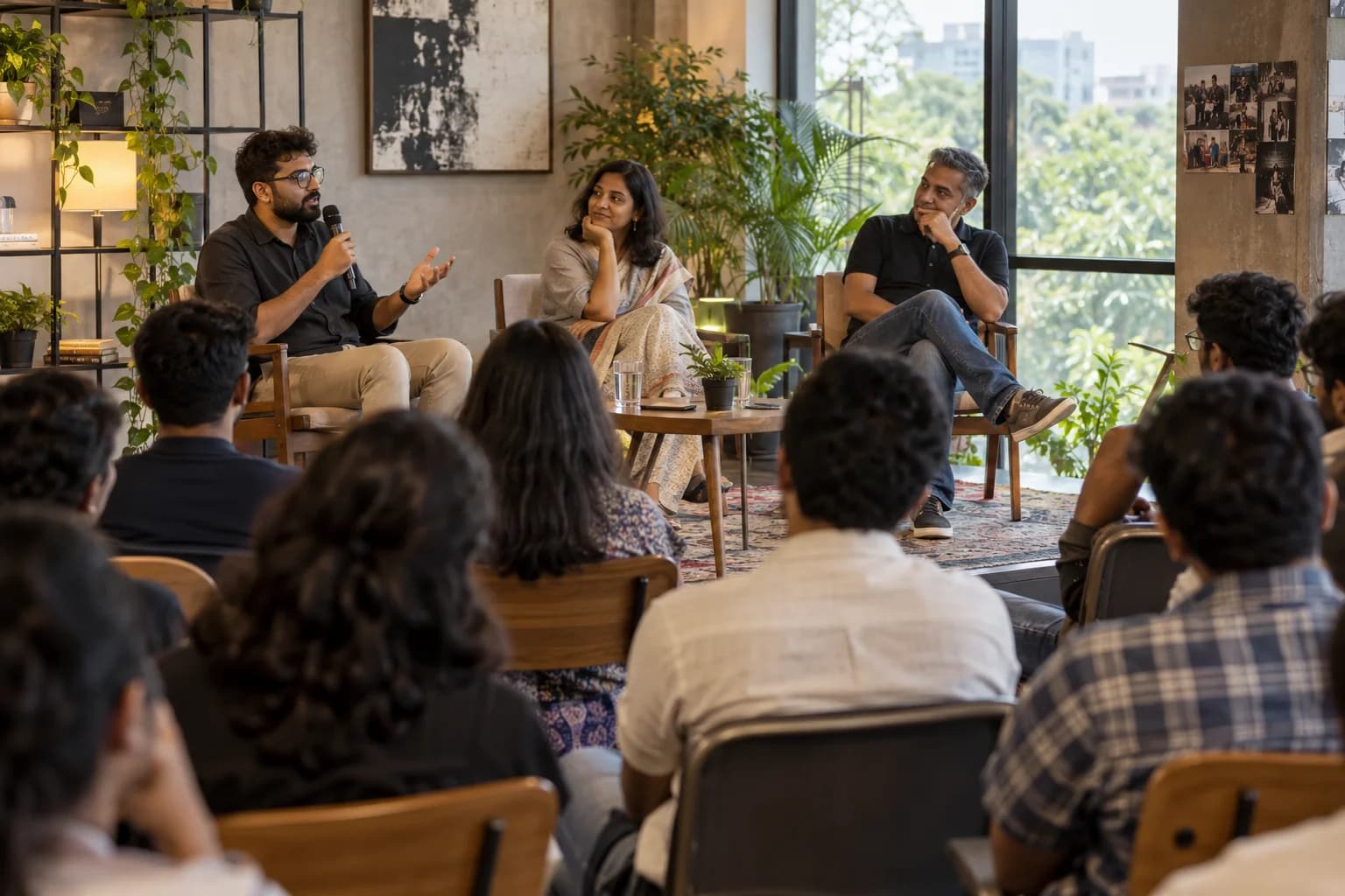 Three entrepreneurs share their experiences with an audience in a welcoming community space.