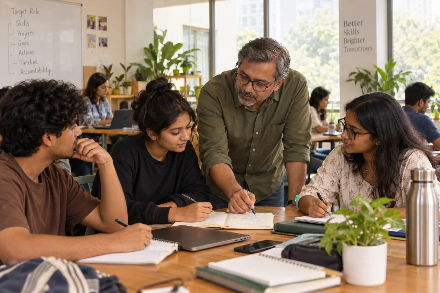 An experienced mentor helps students write a personal career and skills development plan.