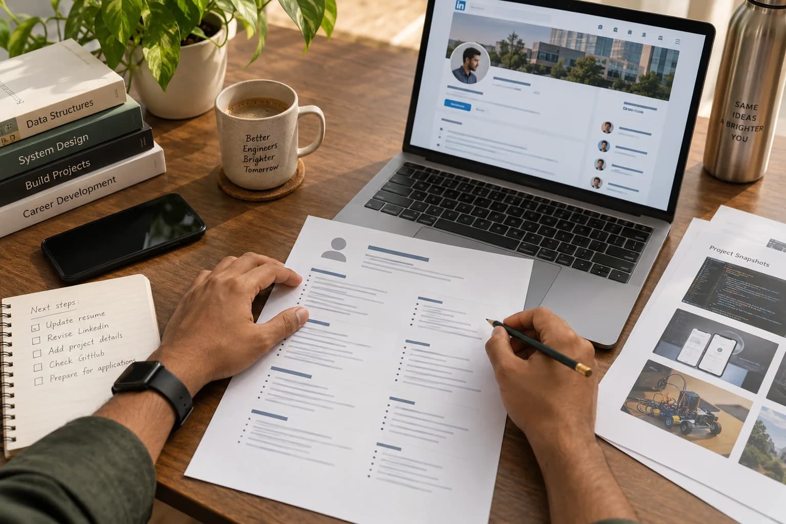 Hands revise a résumé beside a professional profile and project portfolio.
