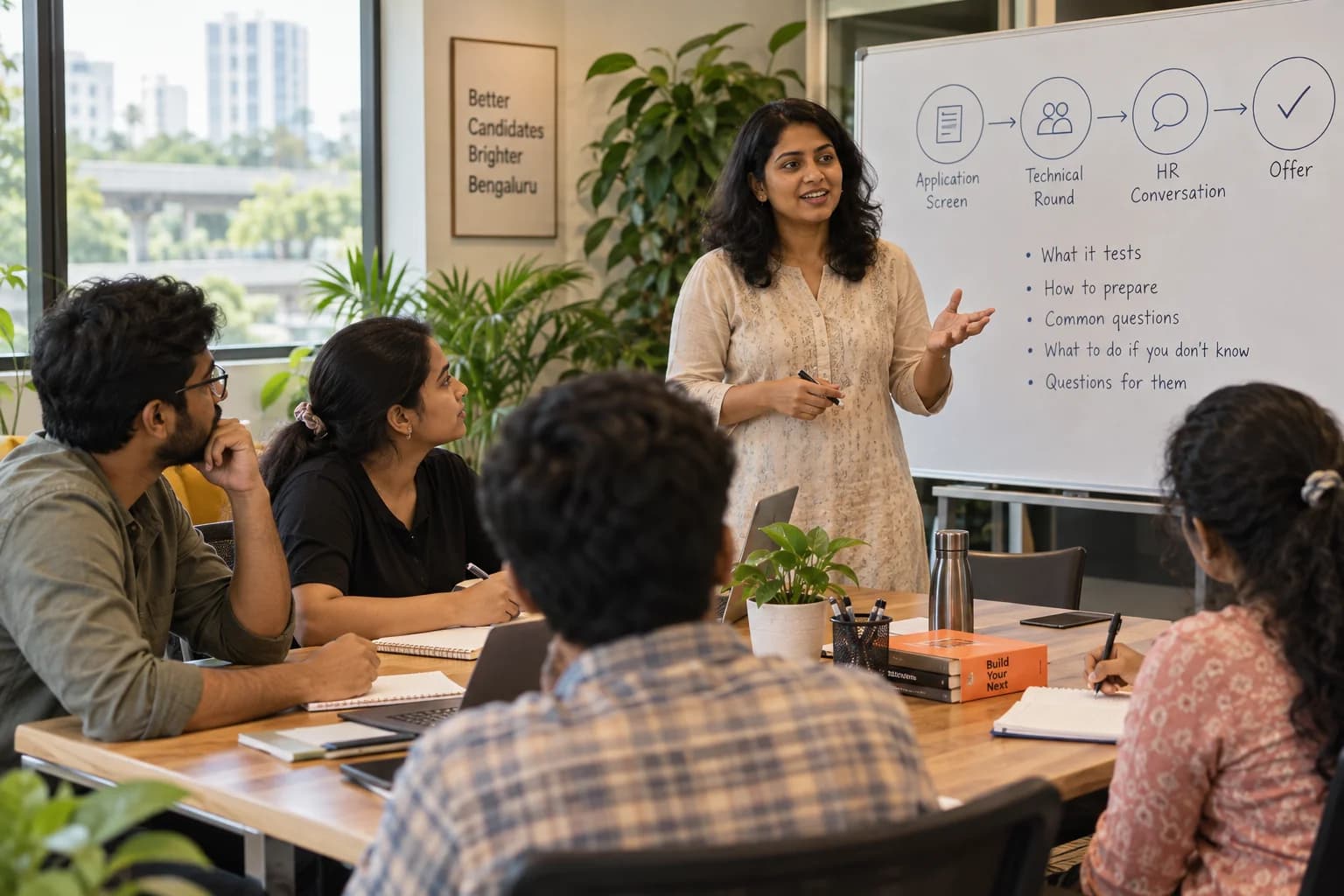 A facilitator explains interview stages while job seekers prepare their practice plans