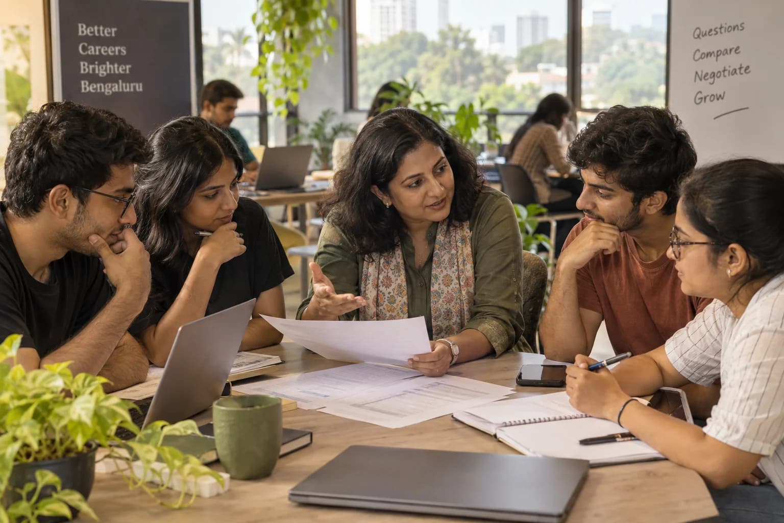 Job seekers compare sample offer terms and discuss negotiation with a facilitator