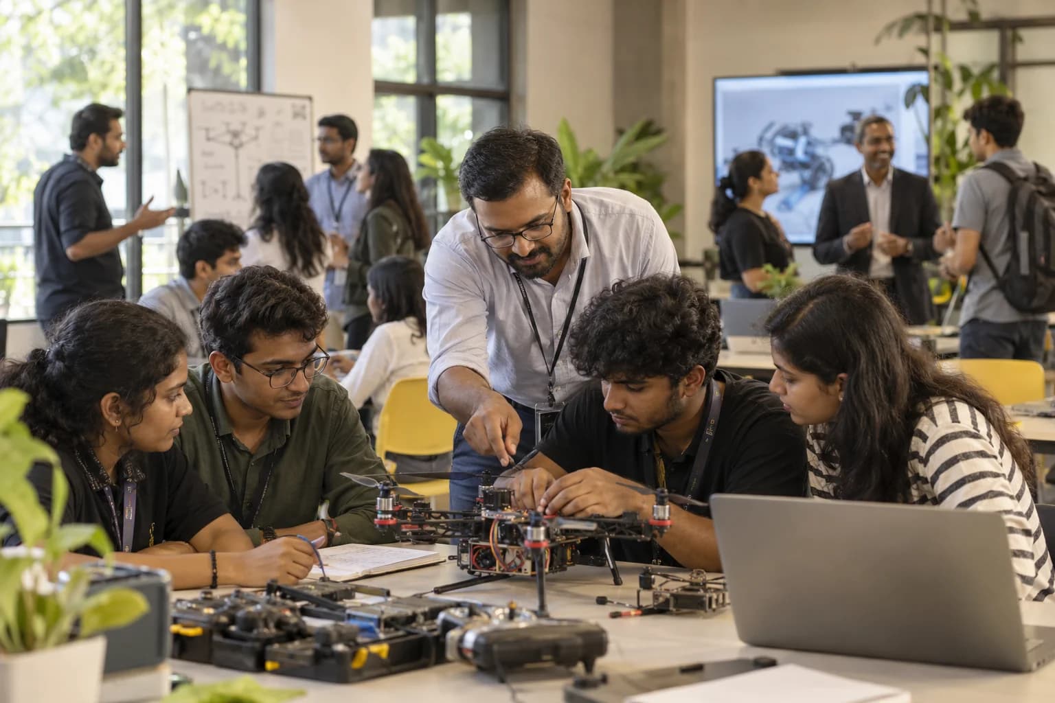 Students and educators explore materials and engineering demonstrations in a shared learning hall