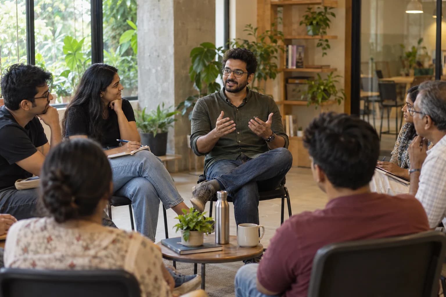 An entrepreneur shares how he found early customers with a small audience seated in a circle.