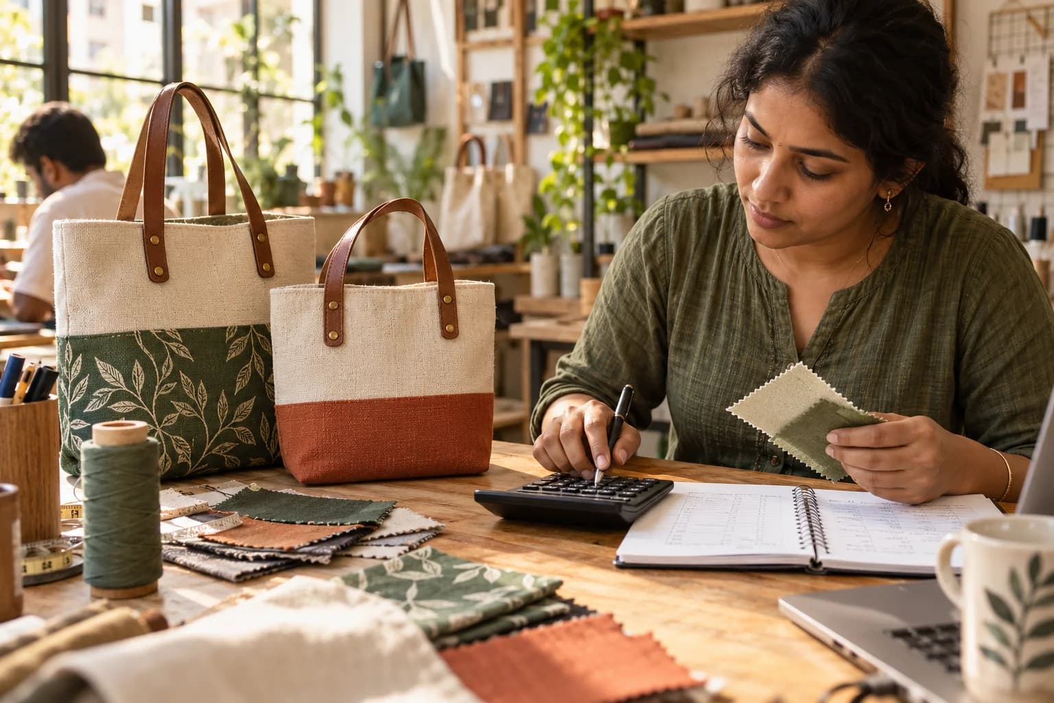 A business owner compares material costs and a finished fabric bag using a cost worksheet.