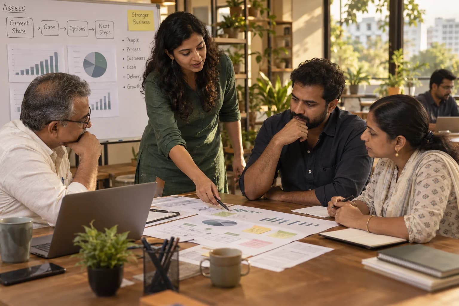 A facilitator helps business owners assess growth readiness using charts, process diagrams and planning notes.
