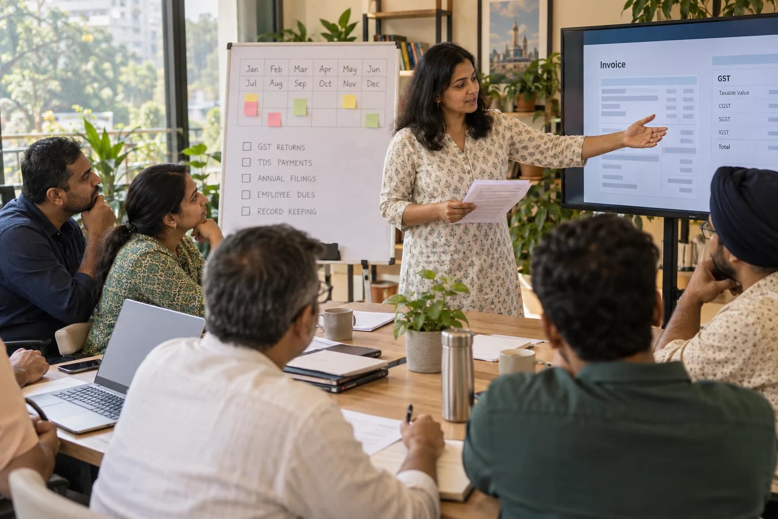 A facilitator explains invoices and a GST compliance calendar to a group of business owners.