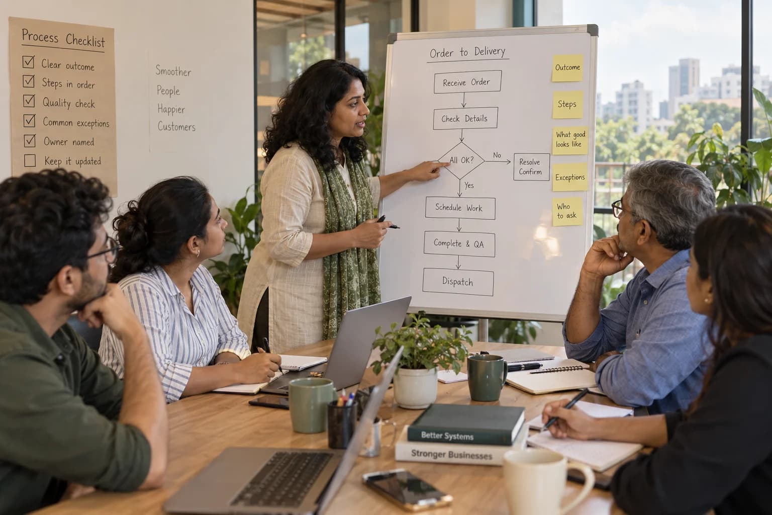 A facilitator helps a business team document a process using a flowchart and checklist.