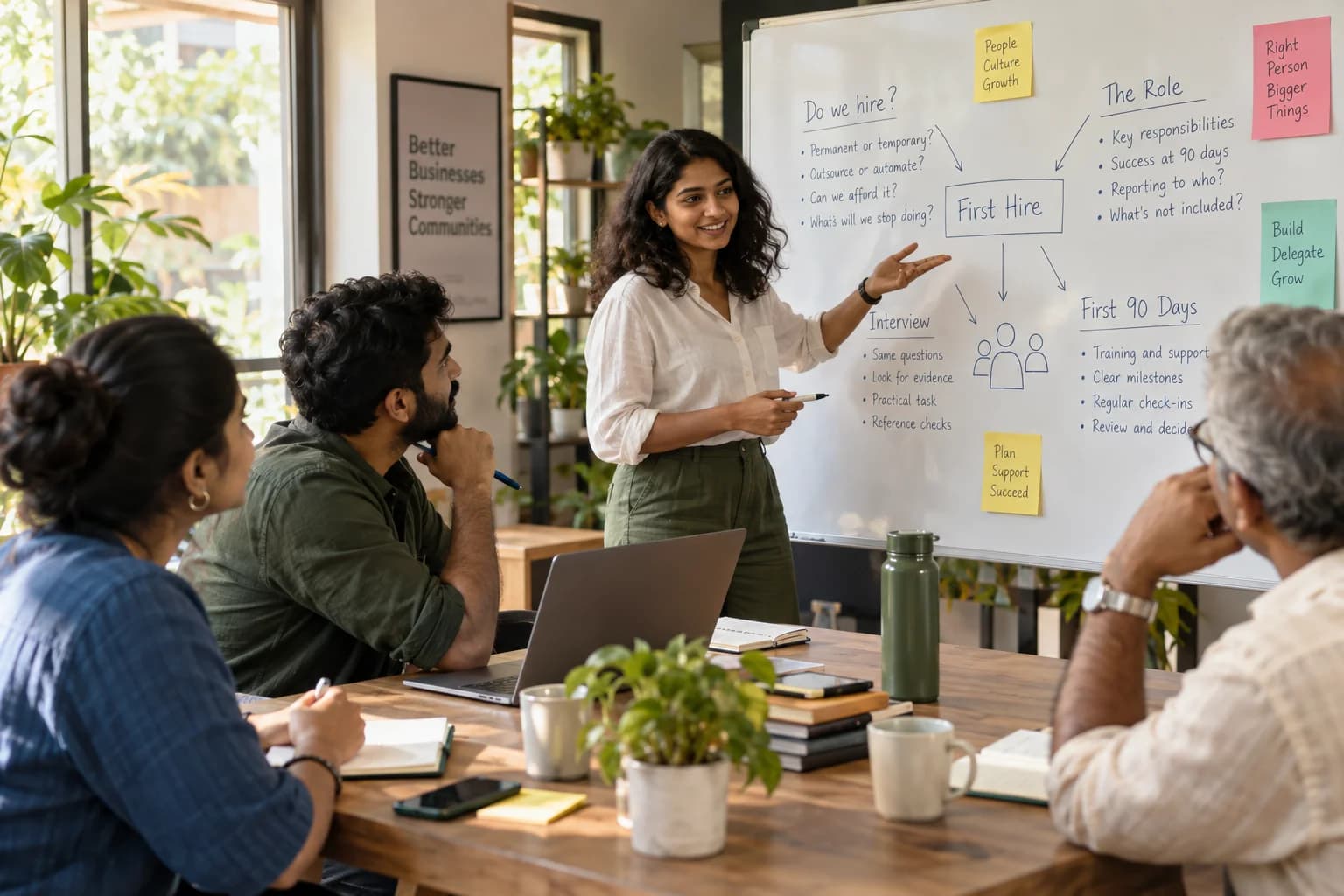 Business owners discuss candidate requirements and hiring goals around a whiteboard.