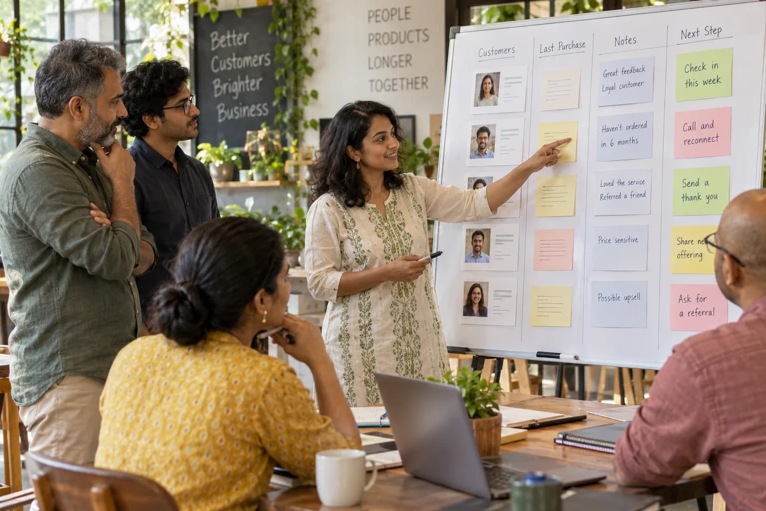 A facilitator and business owners review customer profiles and follow-up notes on a workshop board.