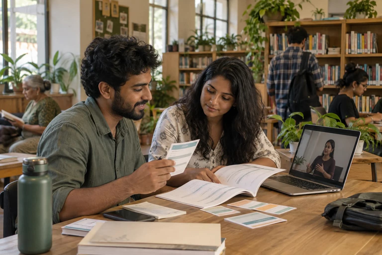 Two adults use a practical guide, checklist cards and a recorded workshop to support their learning