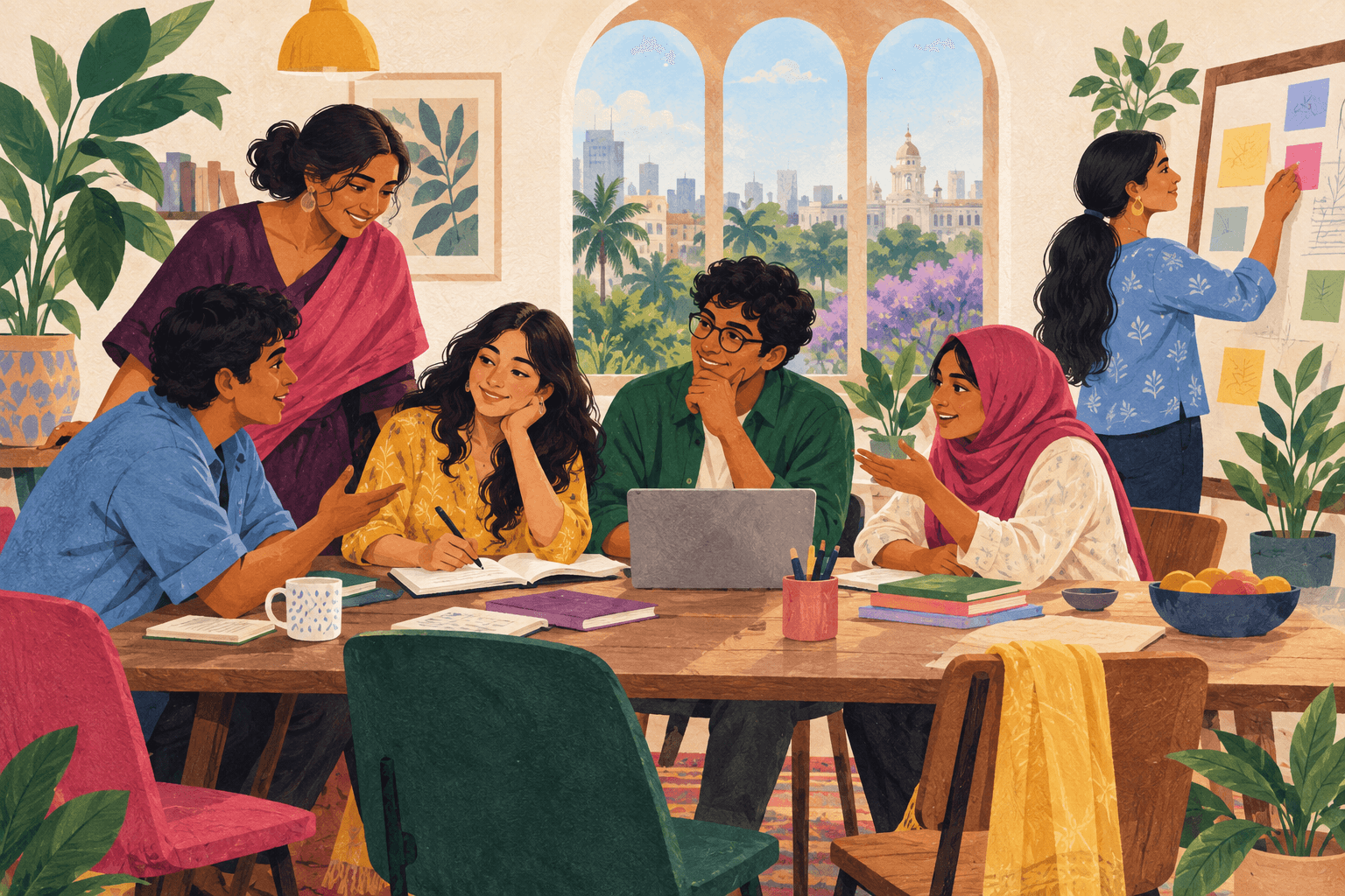 A mentor and young adults sharing ideas around a table
